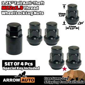 ARROW 4x 1.25" Black M12x1.5 Anti-Theft Wheel Lock Lug Nuts & Key Fit Chrysler Dodge