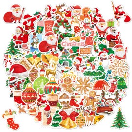 CAREOR 100Pcs Christmas Stickers, Holographic Vinyl Waterproof Santa Claus Snowman Sticker Pack for Kids Teen Crafts Laptop Water Bottles Envelopes Gifts Tags Snowboard (100, A(100PCS))