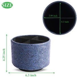 Mtzmy Round Leather Art Supply Organizer,Remote Control Holder,360 Degree Spinning,Multi-Functional Pencil Holder,4 Compartments Desktop Stationary Organizer(1-Carved Bluev