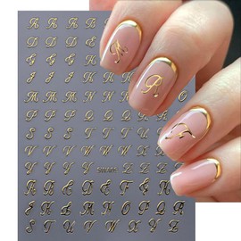 Letter Nail Stickers, 8 Sheets Old English Letter Nail Decals 3D Self-Adhesive Gold Silver Black White Retro English Pattern Old Alphabet Cursive Design Manicure Nail Accessories for Women Girls