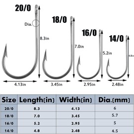 JSHANMEI Fishing Hooks Fishing Saltwater Large Giant Shark and Alligator Hooks Extra Strong Stainless Steel Big Game Fishing Sharp Tuna Catfish Hooks Size 14/0-5pcs