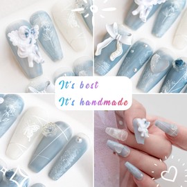 Sun&Beam Nails Handmade Press On Nail Coffin Ballerina 3D Accessories Blue Acrylic Fake Tip Design Art Charms Cute with Storage Box 10 Pcs (L)