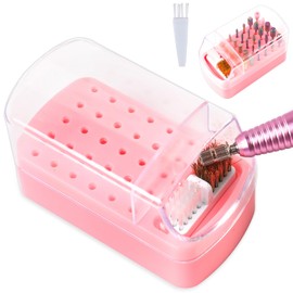 2 in 1 Nail Drill Bits Holder & Cleaning Brush Case, 30 Holes Dustproof Nail Art Drill Bits Stand Display Storage Box and Cleaner Manicure Tools (Pink)