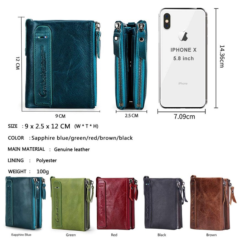 Contacts Men's Genuine Leather Bifold Wallet Double Zip Pocket Purse,