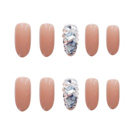 Inilbran Almond Print On Nails Glue On Nails Rhinestone Almond Fake Nails French Ballerina Stick On Nails Shiny Fingernails Pink Full Cover Acrylic Nails for Women and Girls 24 Pieces