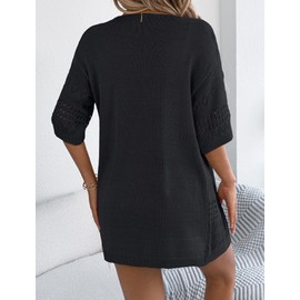 KEOYA Women's Crochet Cardigan Hollow Out Tops Boho Mid Sleeve Lightweight Soft Oversized Open Front Knitted Sweater Black L