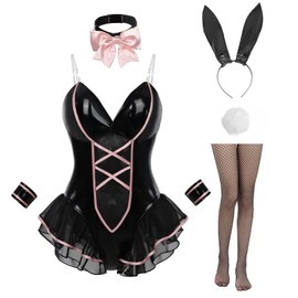 FCCAM Bunny Costume Adult Women's Black Mesh Bunny Girl Costume One Piece Bodysuit M