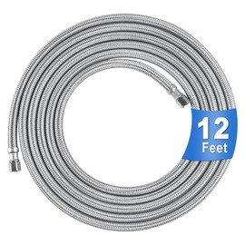 Refrigerator Water Line Kit 12FT, 1Plusselect Premium Stainless Steel Braided Ice Maker Water Line with 1/4 Inch Compression Fittings, Food Grade PEX Inner Hose Tube for Fridge Ice Maker