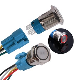 JIQI 2 x 16 mm Momentary Metal Pressure Switch 12 V to 24 V 3 A Momentary LED Button Switch IP66 1NO1NC Waterproof Pre-Wired On/Off Button Switch for Vehicle Modification Motorhome DIY (Red)