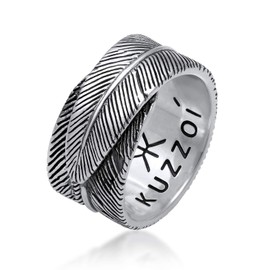 Kuzzoi Men Massive Ring (14mm) in Spring Design Black Oxidized Band Ring Made of 925 Sterling Silver Ring in Vintage Look, Ring Size 64