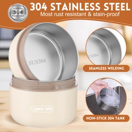 Dandat 3 Pcs Portable Insulated Lunch Container Set for Adult, Stackable Stainless Steel Bento Box for Hot Food with Insulated Lunch Bag Unisex 3 Separate Thermal Food Container(Beige)