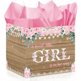 Woosytoo Extra Large Rustic Girl Gift Bag, Floral Sweet Baby Girl Square Gift Bag with Tissue Paper A Sweet Little Girl is on Her Way Wrapping Paper Bags for Baby Shower Gender Reveal Party Favors