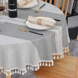 SUCHDECO Linen Tablecloth Round 140 cm Washable Cotton Tablecloth Wrinkle-Free Dustproof with Tassels Striped Embroidery for Kitchen, Dining Table, Coffee Table, Garden Table, Grey