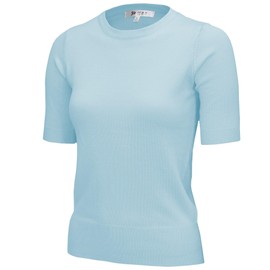 YEMAK Jersey de punto para mujer, media manga, cuello redondo, básico, casual, ajuste clásico, ligero, de punto, suave, A_mk3664-azul claro, S
