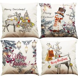 BINXWA Pack of 4 Christmas Cushion Covers, White Cushion Cover, Merry Christmas Decoration, Cotton Linen Cushion Cover, 45 x 45 cm Christmas