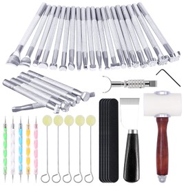 Leather Stamping Tools - Leather Carving Tool Kit, Saddle Making Tools Set, Swivel Knife, Leather Working Hammer, Cutting Knife, Wool Daubers, Frosted Strip for Leather Stamping, Carving