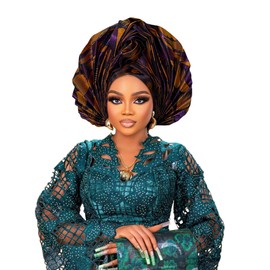 ASO OKE Nigerian Women's hat Folding Fan African Headscarf hat,Auto Gel Headwear,Suitable for Weddings,Parties,and Special Occasions (Purple Gold)