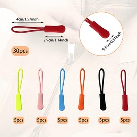 30 Pcs Colorful Zipper Pulls, 6 Colors Zip String Zipper Extender and Pull Tab Replacement for Backpacks, Luggage, Jackets, Clothing