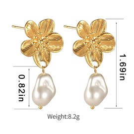Boho Flower Pearl Earring for Women Gold Floral Pearl Statement Dangle Earrings Dainty Plumeria Flower Memorial Drop Earrings Sparkly Floral Pearls Dangle Drop Earrings Holiday Prom Costume Jewelry Accessories (gold)