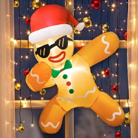 OurWarm 3.5Ft Christmas Outdoor Decoration Christmas Inflatables Gingerbread Man with Xmas Hat, Built-in LED Lights Christmas Blow up Gingerbread Broke Out from Window for Outside Indoor Yard Garden