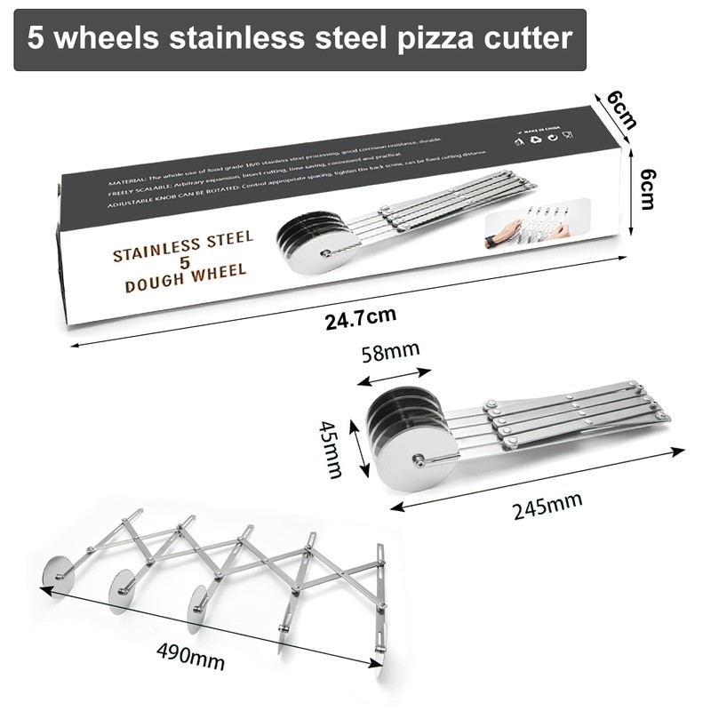 5 Wheel Dough Cutter, Expandable Pizza Slicer, 5 Wheel Stainless