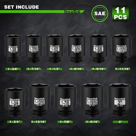 TecoTek 1/2" Drive Deep 6-Point Impact Socket Set, 11-Piece Standard SAE Spindle Axle Nut Impact Socket Set, Cr-Mo, 1-3/8-Inch to 2-Inch Size