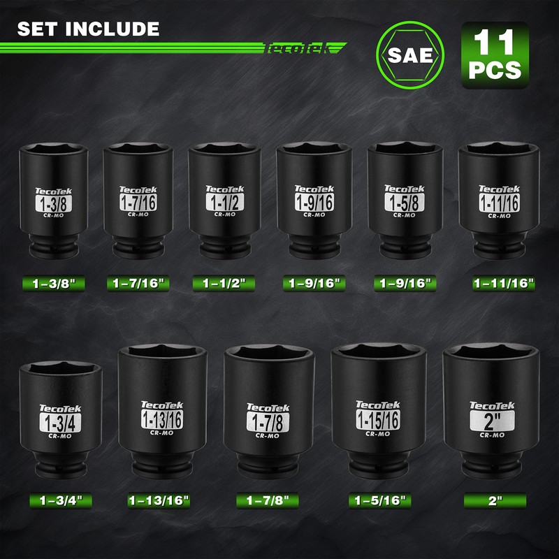 TecoTek 1/2" Drive Deep 6-Point Impact Socket Set, 11-Piece Standard