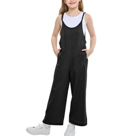 Rolanko Girls Jumpsuit Adjustable Spaghetti Strap Loose Overalls Rompers, Cotton Baggy Plain Playsuits with Pockets for Age 5-12 Years, Black, Size: 6-7 Years, 130