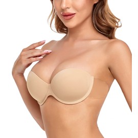 HANSCA Sticky Strapless Backless Push Up Bra for Women Plus Size Self Adhesive Underwired Padded Reusable (Nude, Cup DD)