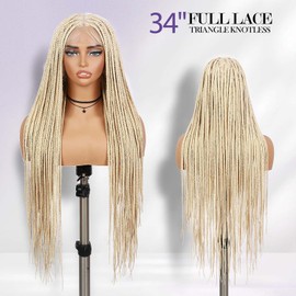 Full Lace Braided Wig for Black Women Triangle Knotless Box Braided Wig with Baby Hair Lace Front Wig (34 Inch Blonde 613#)