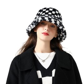 OneChance Women's Warm Winter Hat, Plush Hat for Women, Thick and Soft Bucket Hat for Outdoor Activities, Checked Black