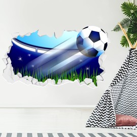 Football Wall Sticker - Cartoon Football Shooting Through Broken Wall Decal Kids Art (120cm Width x 65cm Height)