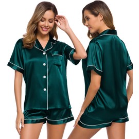 Swomog Satin Pyjamas Women's Short Pyjamas with Button Women’s Silk Sleepwear V-Neck Two Piece PJ Sets Leisure Suit, dark green
