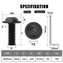 Pack of 30 M6 x 20 Screws, Pan Head Screws, Torx Screws, Flange Screws, Stainless Steel, A2 V2A, Full Thread, Black Oxide, with Torx Key