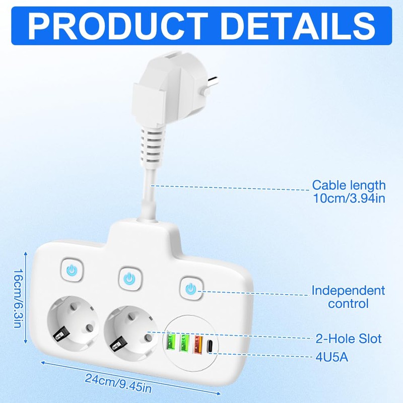 KUWUNG 6 in 1 Socket with USB, 2-Way Double Plug