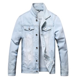 QIMYUM Jean Jacket For Men, Distressed Slim Denim Jacket (X-Large, Light Blue)