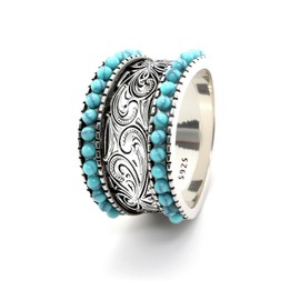 HAIXIAN Double row Turquoise Spheres lucky Flower Pattern Engraved Band Ring for Women Man,S925 Sterling Silver Retro Vintage Hawaiian National Style Boho Ring Jewelry (Turquoise_A, 7)
