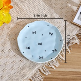 Koythin Ceramic Dessert Plates, Cute Fruits Dinner Plate, Printed Flowers Dinnerware for Office and Home, Kitchen Plates for Desserts (Blue Small Bow)