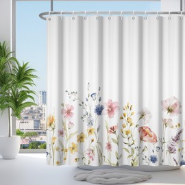 Renaiss 72x72 Inches Watercolor Floral Shower Curtain Colorful Pastel Wildflower Flower with Leaves Botanical Fabric Shower Curtains for Bathroom Decor Sets Polyester Waterproof with Hooks
