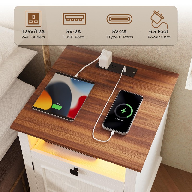IRONCK Farmhouse Nightstand with Charging Station & 2 USB Ports,