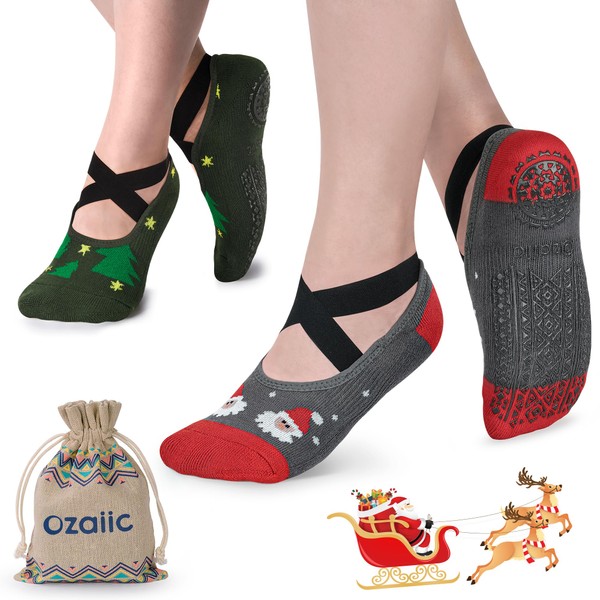 Ozaiic Yoga Socks Christmas Socks for Women Non-Slip Grips & Straps, Ideal for Pilates, Christmas Gifts, Pure Barre, Ballet, Dance, Barefoot Workout