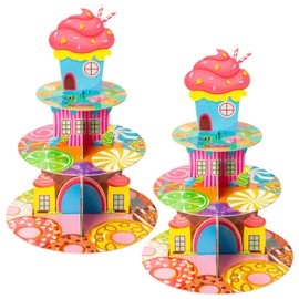 AwserTantue Candyland Cupcake Stand - 2Pcs 3-Tier Sweet Candy Cupcake Tower Cardboard Donut Lollipop Ice Cream Dessert Holder Table Decoration for Girls Themed Birthday Party Baby Shower Table Supply