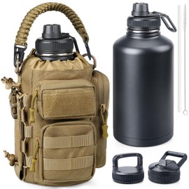 RXW 64 oz Insulated Water Bottle with Sleeve, Half Gallon Stainless Steel Tactical Water Jug Large Military Water Bottle with 3-IN-1 Pouch/3 Lids/Straw/Paracord Handle for Gym, Camping, Workout