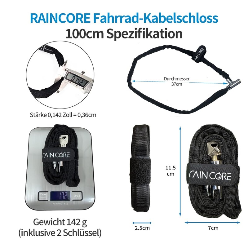 RAINCORE Lightweight Bicycle Lock Lock (2 Keys) Anti-Theft - 100cm