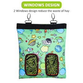 Rabbit Hay Feeder Bag Guinea Pigs Hanging Hay Rack Manger Holder Dispenser Small Animal Feeder Storage Pouch for Bunny Chinchilla Hamster (Pattern Green, 2 Windows)