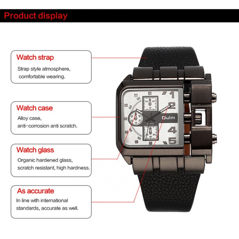 OULM Luxury Quartz Watch Men Square Dial Leather Band Watches
