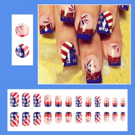 24pcs 4th of July Press on Nails Short Square French Tip Fake Nails with Glitter Designs American Flag False Nails Independence Day Fireworks Acrylic Nails Full Cover Star Glue on Nails for Women