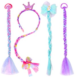 PinkSheep 4PCS Unicorn Mermaid Glitter Hair Bows headband Braided Wig Kids Fake Hair Hair Clips Hair Wig Rainbow Wigs Hair Extension for Kids Wigs for Little Girls, Costume Hair Accessories