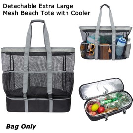 KISLANE Extra Large 55L Mesh Beach Tote Bag with Cooler Bottom, Portable Waterproof Mesh Beach Tote, Pool Bags with Zipper and Pockets