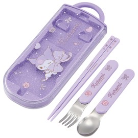 Skater Cutlery Set for Children, Lunch Box, Chopsticks, Spoon, Fork, Made in Japan, Sliding Type, Name Sticker Included, Antibacterial, Trio Set, Sanrio Kuromi, Big Ribbon, Girls, TACC2AG-A